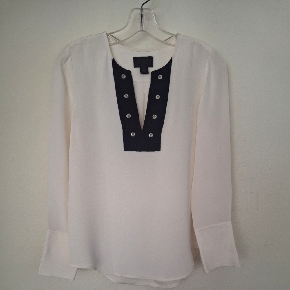 J CREW Silk Creme Black V-neck Long Sleeve Pullover Top - Size 00